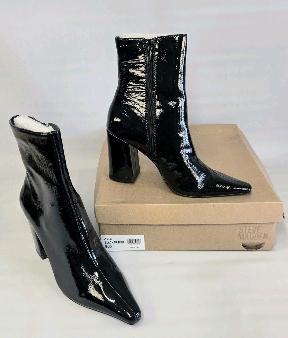 Steve Madden Zip Up Black Patented Leather Square-Toe Ankle Booties Size 9.5